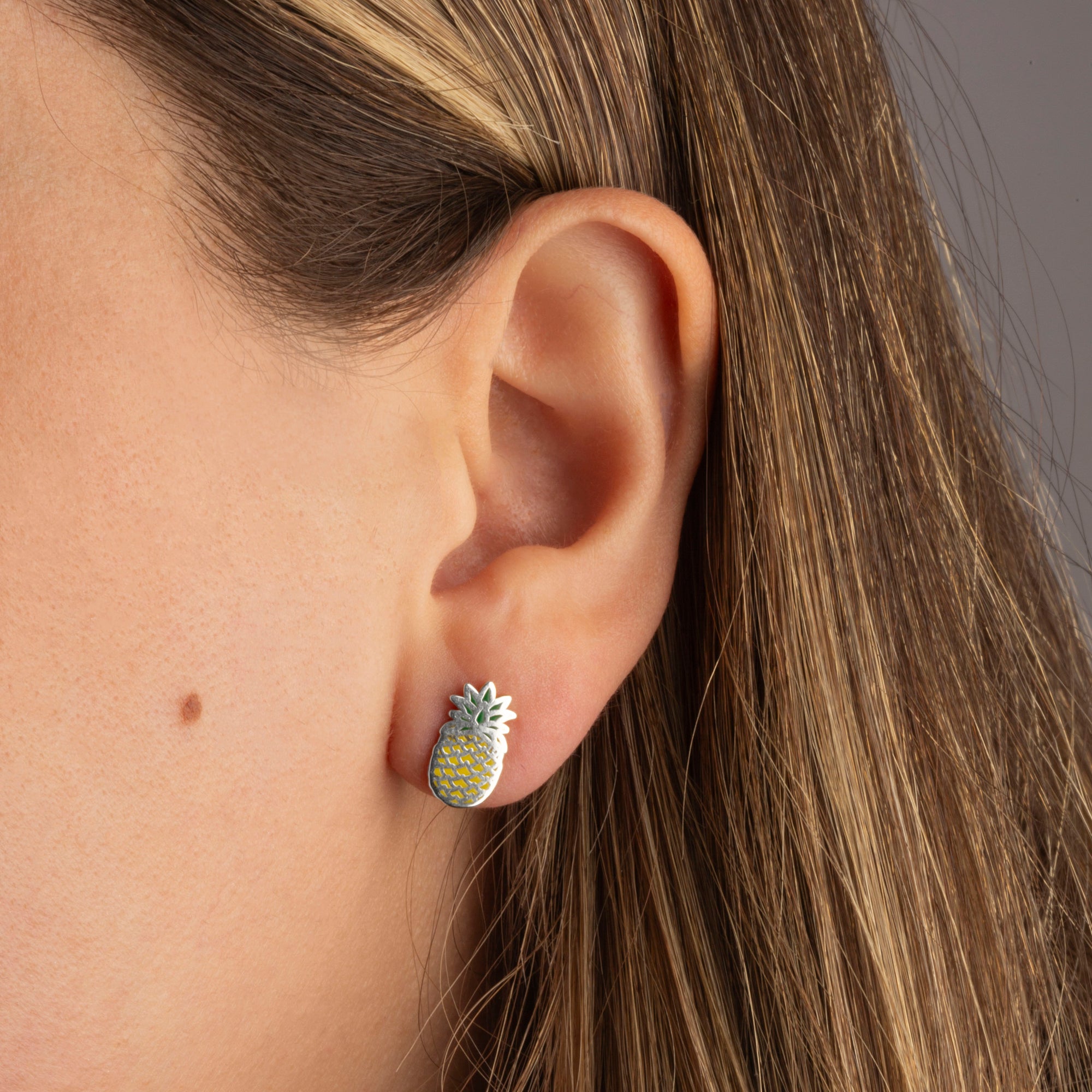 Sterling Silver Enamel Pineapple Fruit Stud Earrings, view 2