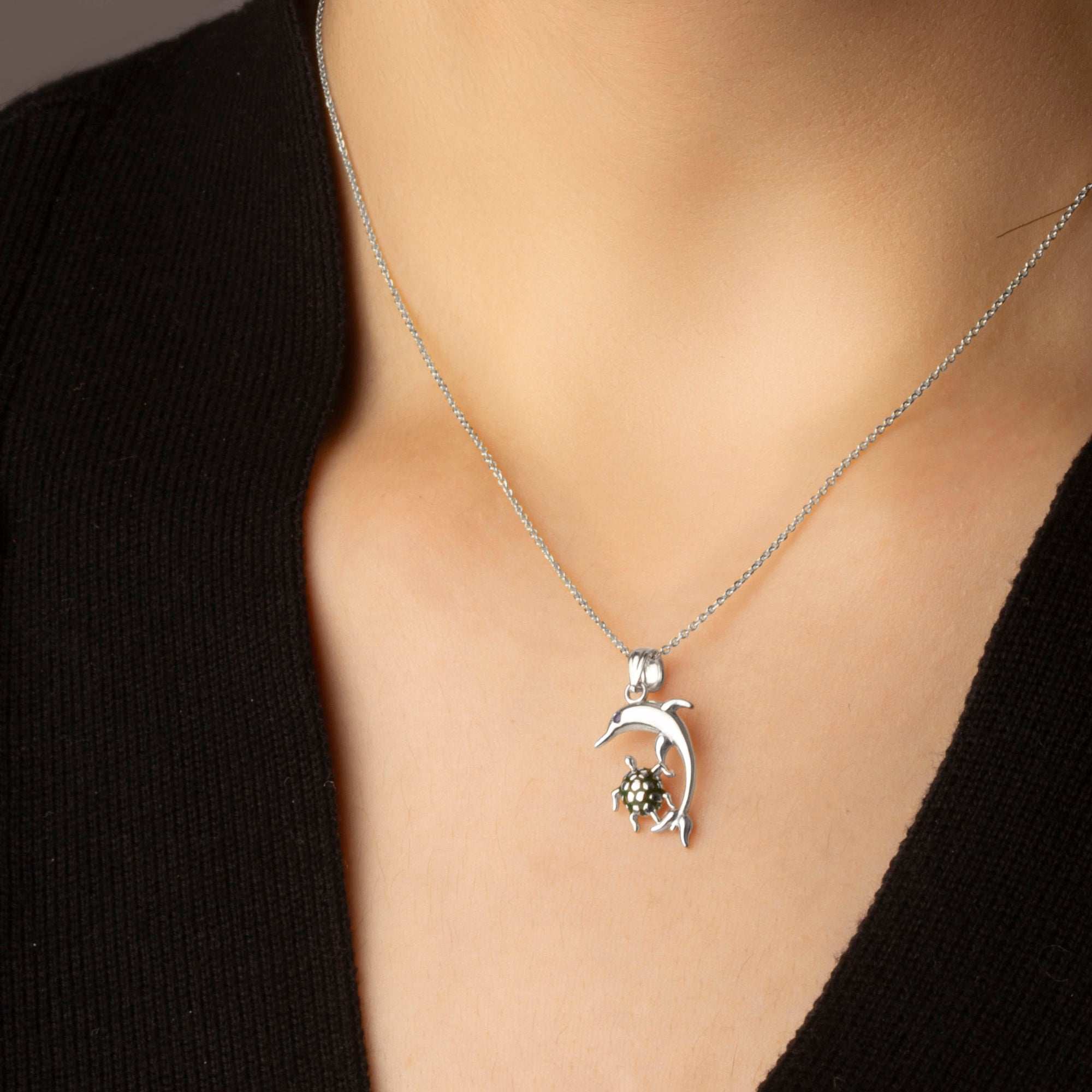 Sterling Silver Enamel Sea Turtle Dolphin Birthstone Pendant Necklace, view 2