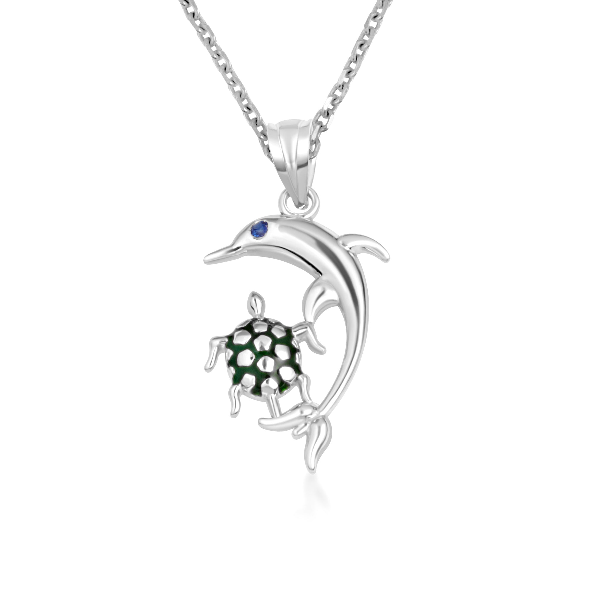 Sterling Silver Enamel Sea Turtle Dolphin Birthstone Pendant Necklace, view 3