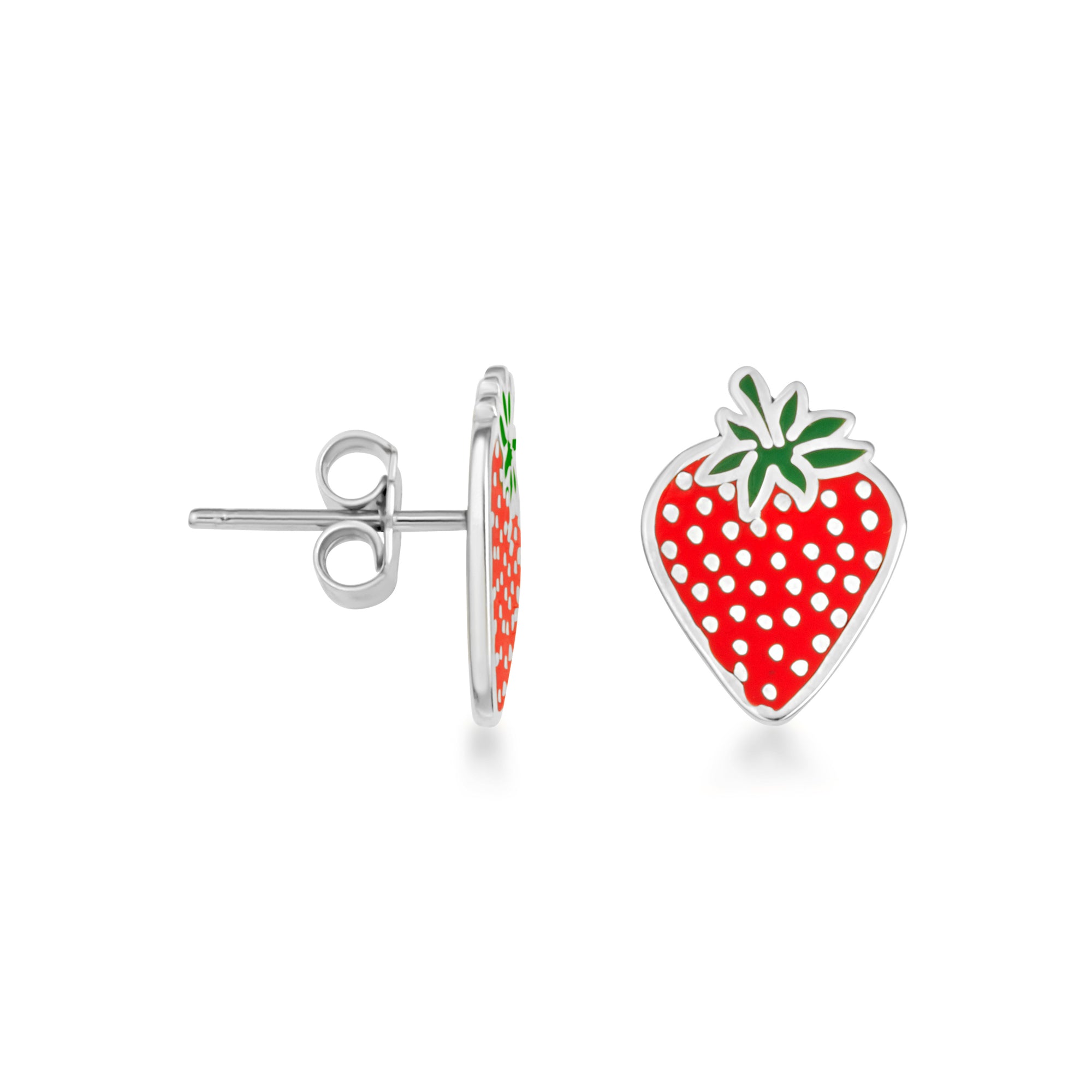 Sterling Silver Enamel Strawberry Fruit Stud Earrings