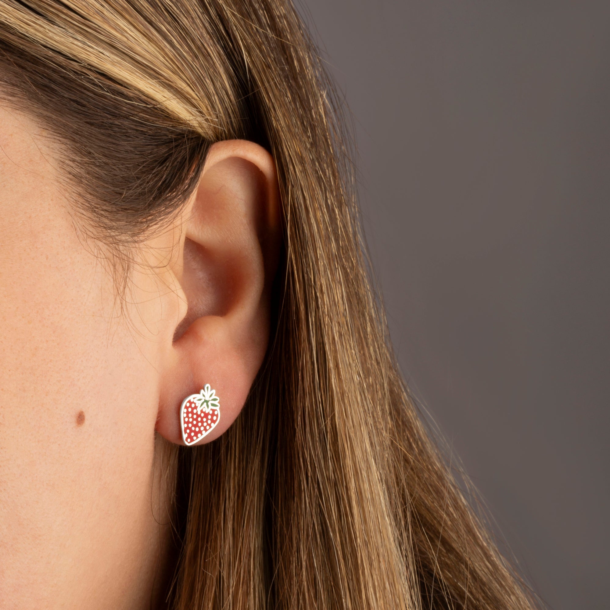 Sterling Silver Enamel Strawberry Fruit Stud Earrings, view 2