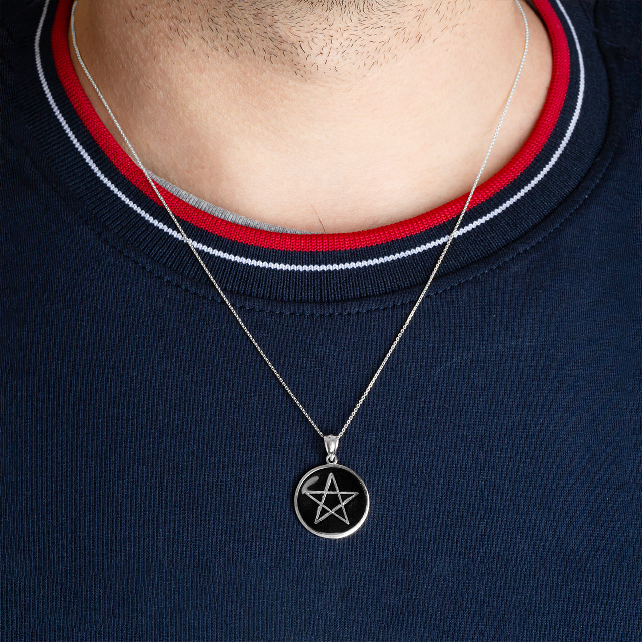 Sterling Silver Enamel Wiccan 5 Point Star Pentagram Medallion Pendant Necklace, view 2