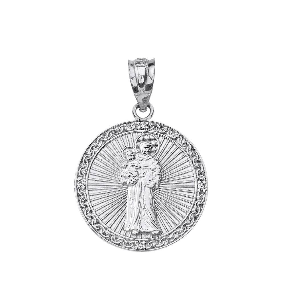 Sterling Silver Engravable CZ Saint Anthony Pray For Us Circle Pendant Necklace 1.06", view 2