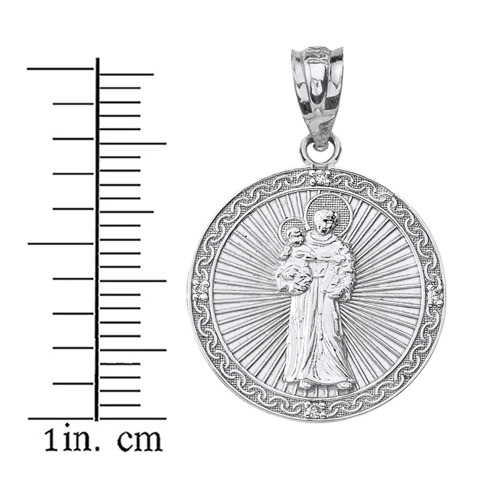Sterling Silver Engravable CZ Saint Anthony Pray For Us Circle Pendant Necklace 1.06", view 3