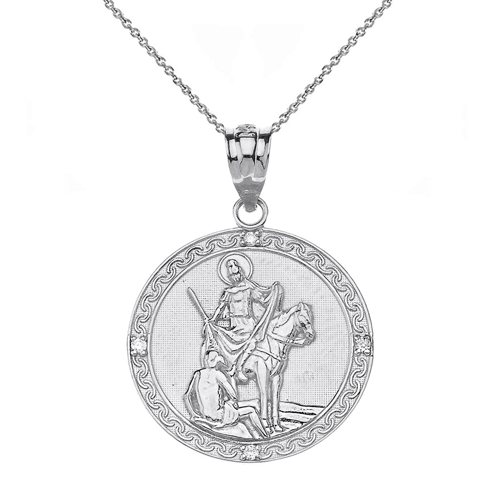 Sterling Silver Engravable CZ Saint Martin of Tours Pray For Us Circle Pendant Necklace (1.04")