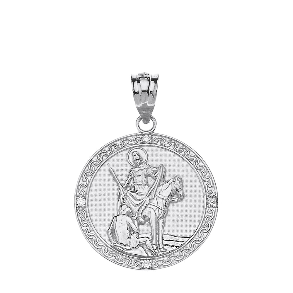 Sterling Silver Engravable CZ Saint Martin of Tours Pray For Us Circle Pendant Necklace (1.04"), view 2