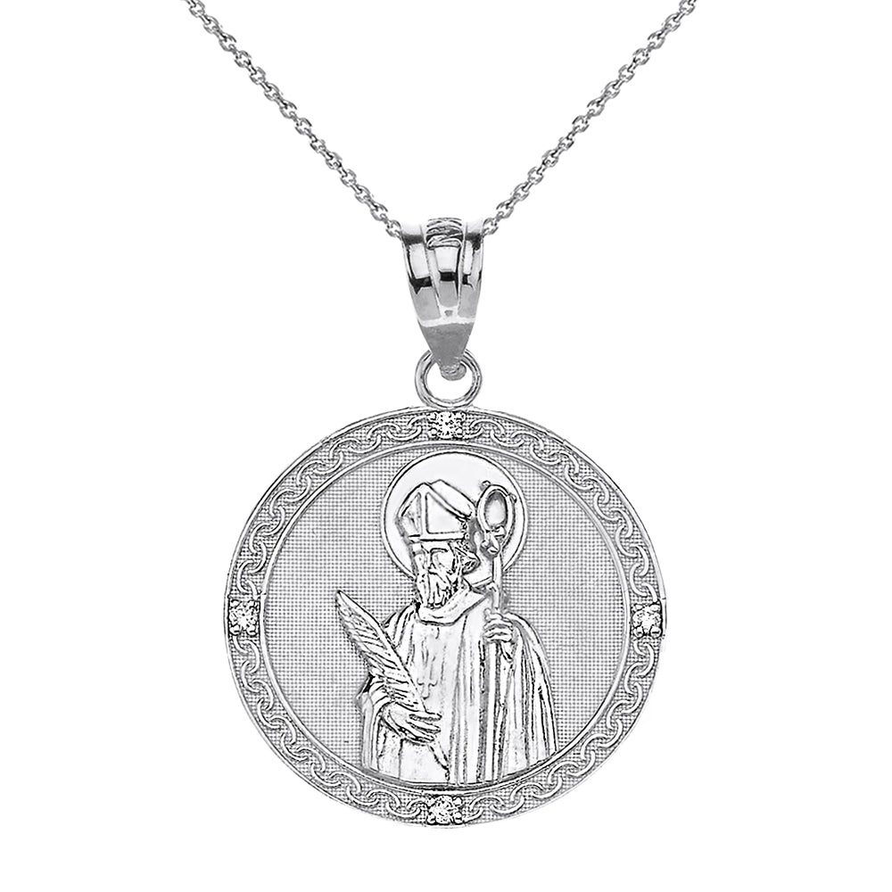 Sterling Silver Engravable CZ Saint Valentine Pray For Us Circle Pendant Necklace (1.04")
