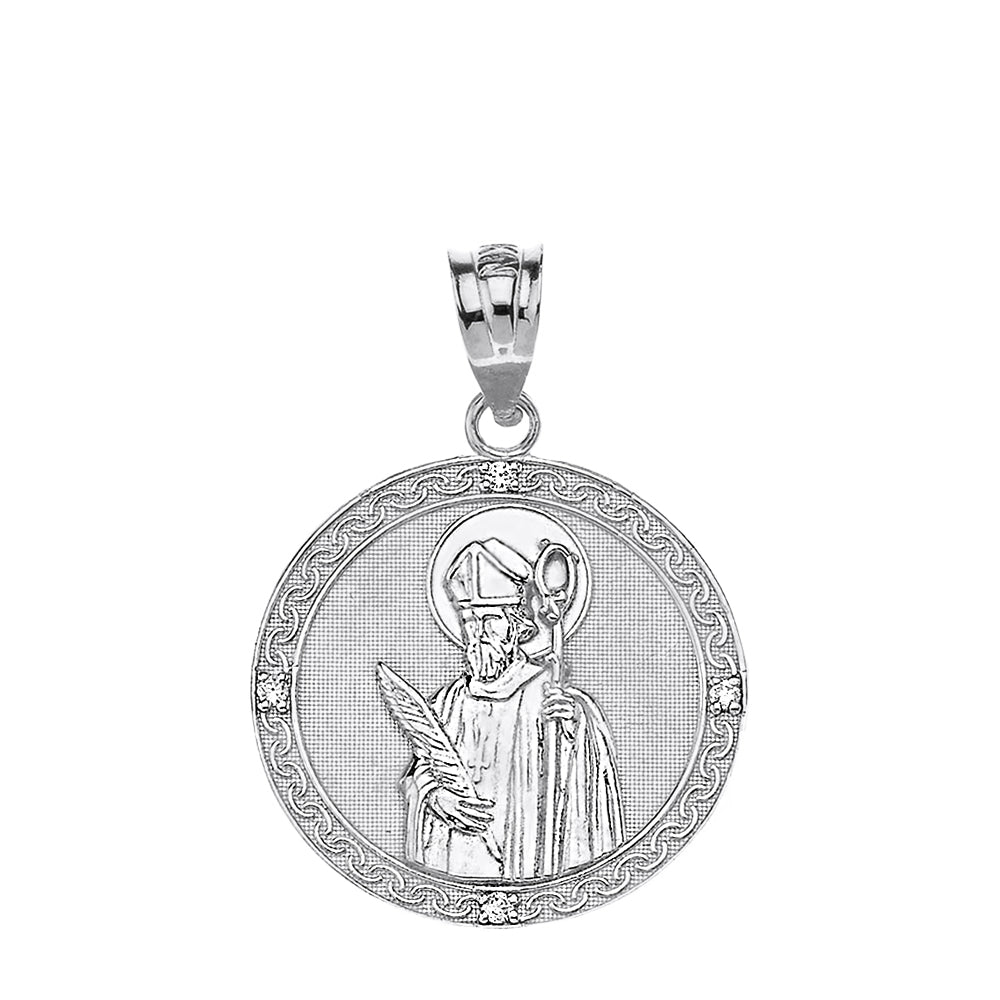 Sterling Silver Engravable CZ Saint Valentine Pray For Us Circle Pendant Necklace (1.04"), view 2