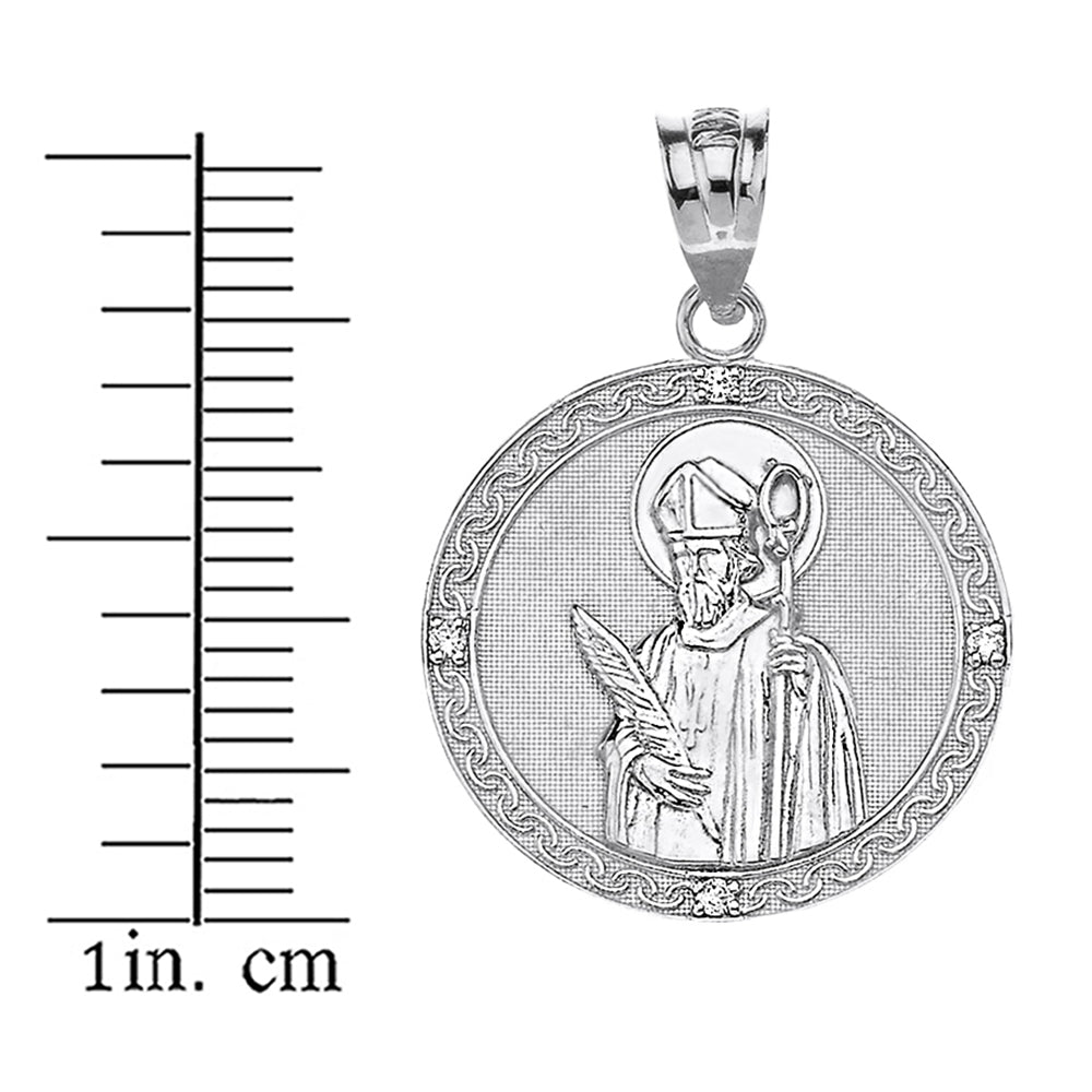 Sterling Silver Engravable CZ Saint Valentine Pray For Us Circle Pendant Necklace (1.04"), view 3
