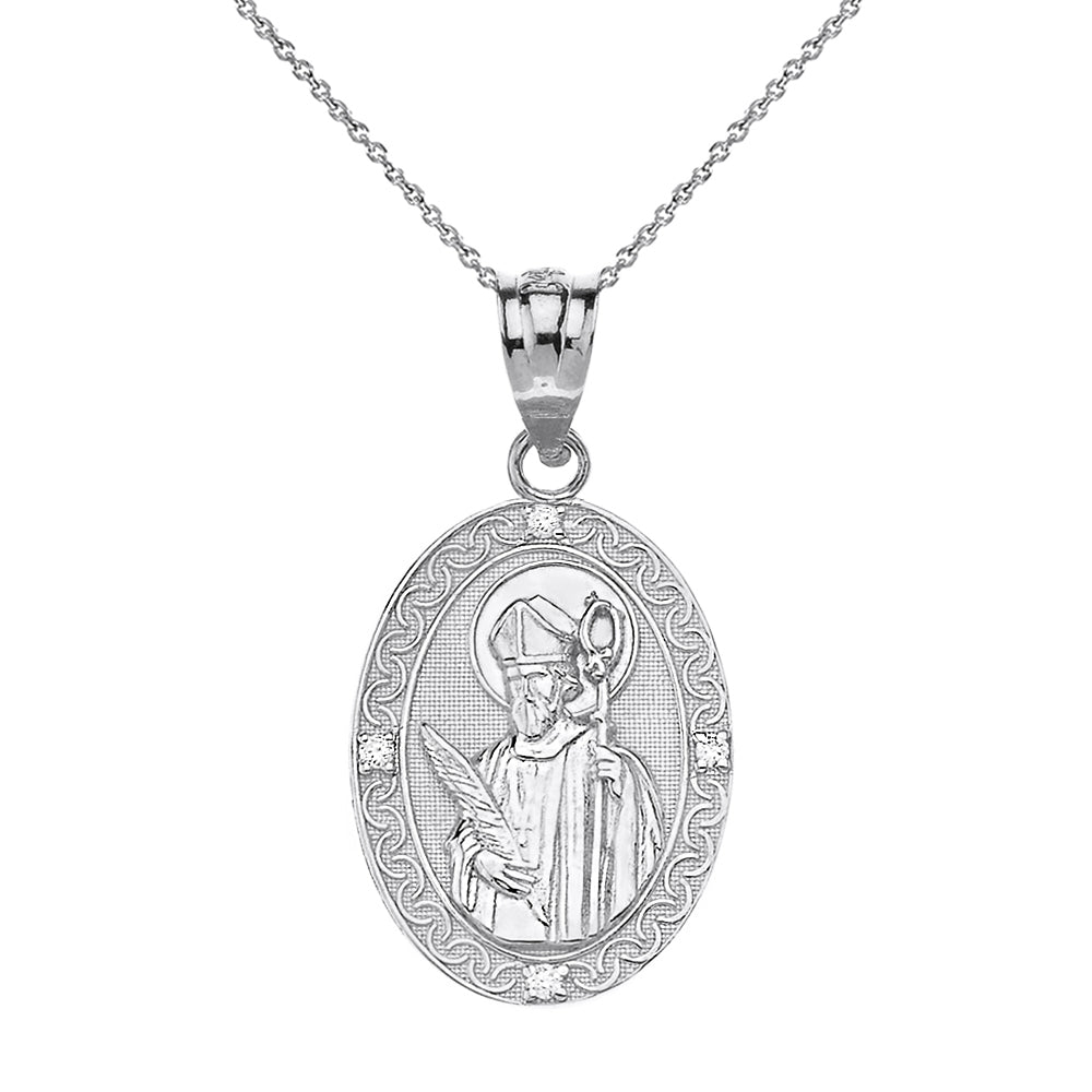 Sterling Silver Engravable CZ Saint Valentine Pray For Us Oval Pendant Necklace (1.04")