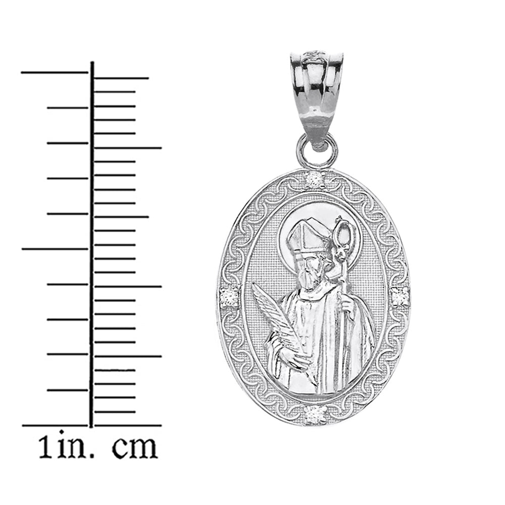 Sterling Silver Engravable CZ Saint Valentine Pray For Us Oval Pendant Necklace (1.04"), view 3