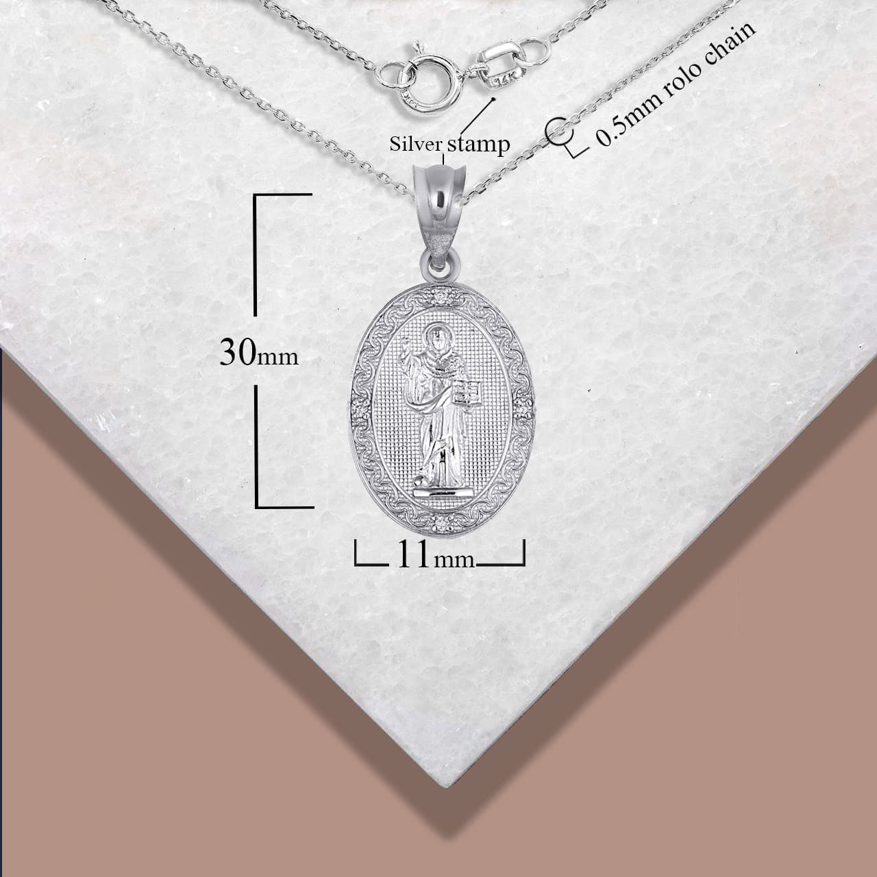 Sterling Silver Engravable Patron Saint Dominic de Guzman Cubic Zirconia Oval Medallion Pendant Necklace, view 4
