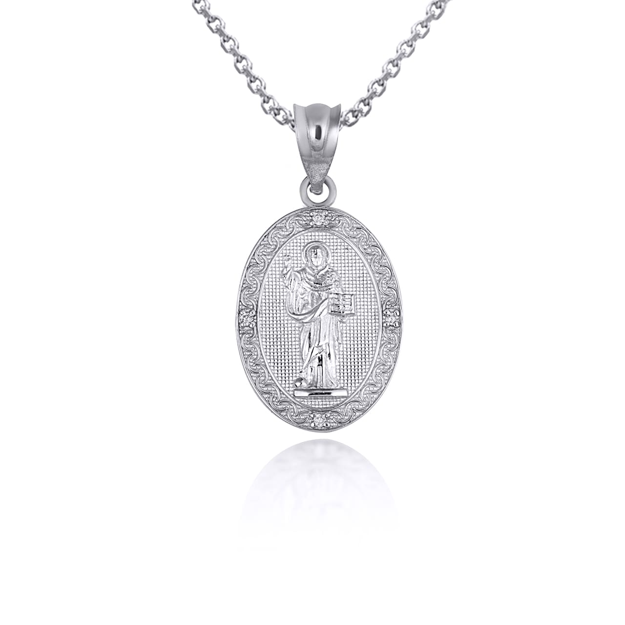 Sterling Silver Engravable Patron Saint Dominic de Guzman Cubic Zirconia Oval Medallion Pendant Necklace, view 6