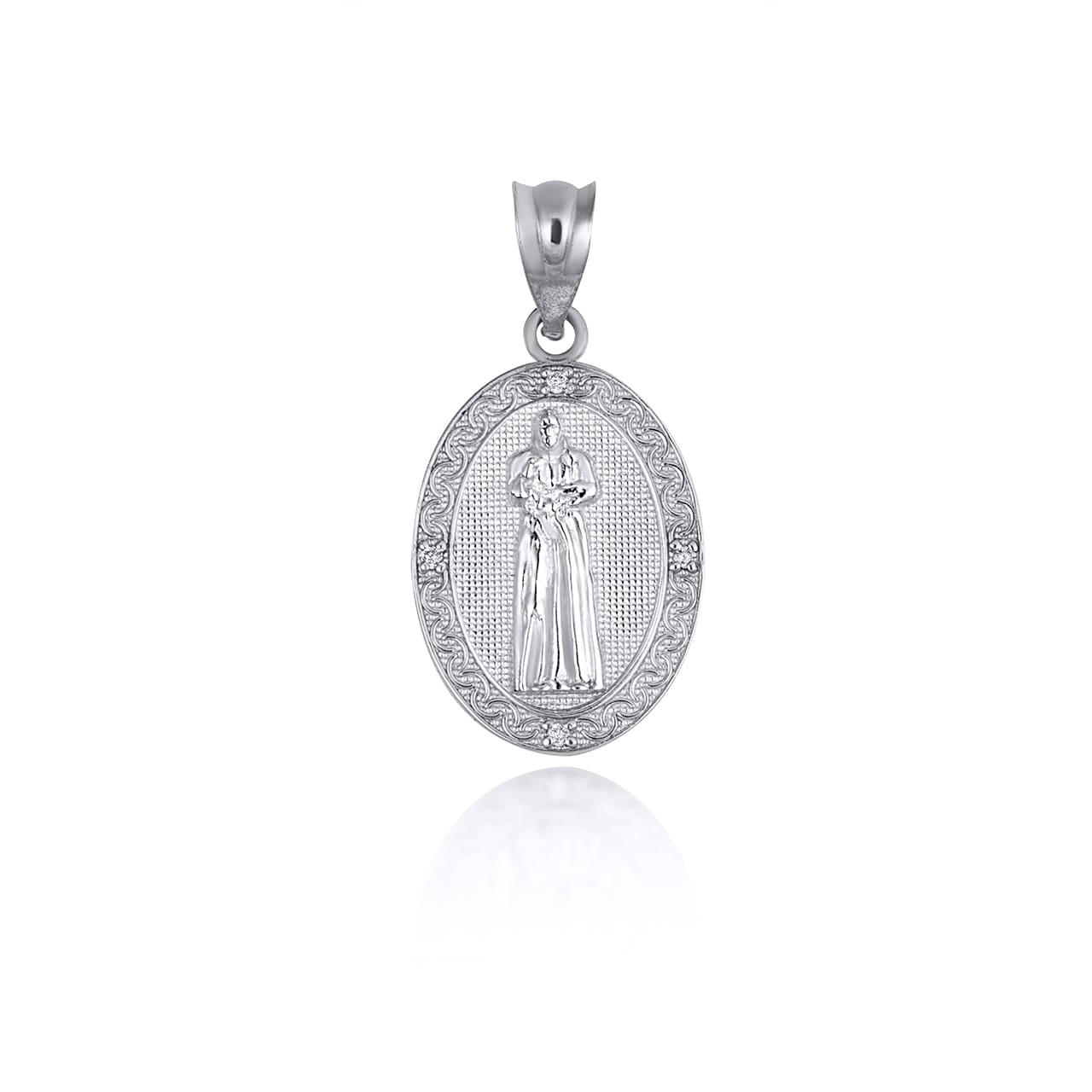 Sterling Silver Engravable Patron Saint Pio Of Pietrelcina Cubic Zirconia Oval Medallion Pendant Necklace