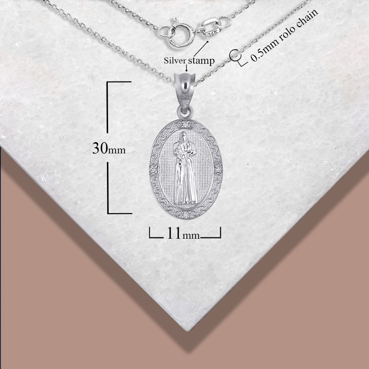 Sterling Silver Engravable Patron Saint Pio Of Pietrelcina Cubic Zirconia Oval Medallion Pendant Necklace, view 4