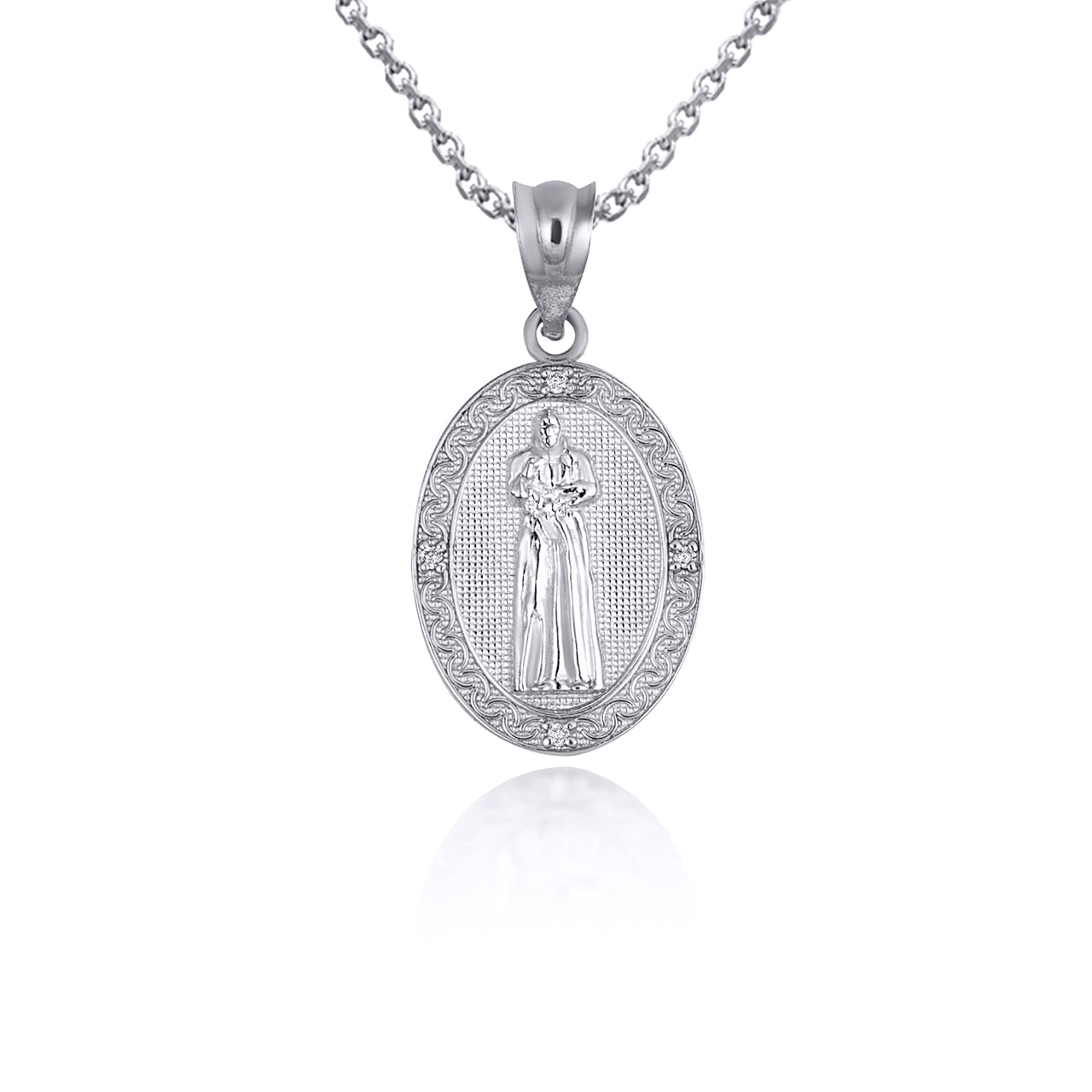 Sterling Silver Engravable Patron Saint Pio Of Pietrelcina Cubic Zirconia Oval Medallion Pendant Necklace, view 6
