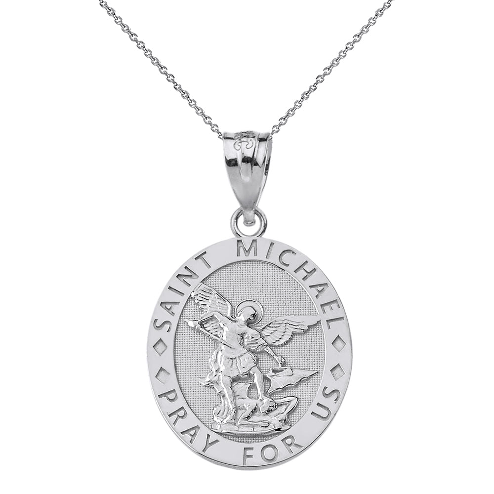Sterling Silver Engravable Saint Michael Pray For Us Oval Pendant Necklace