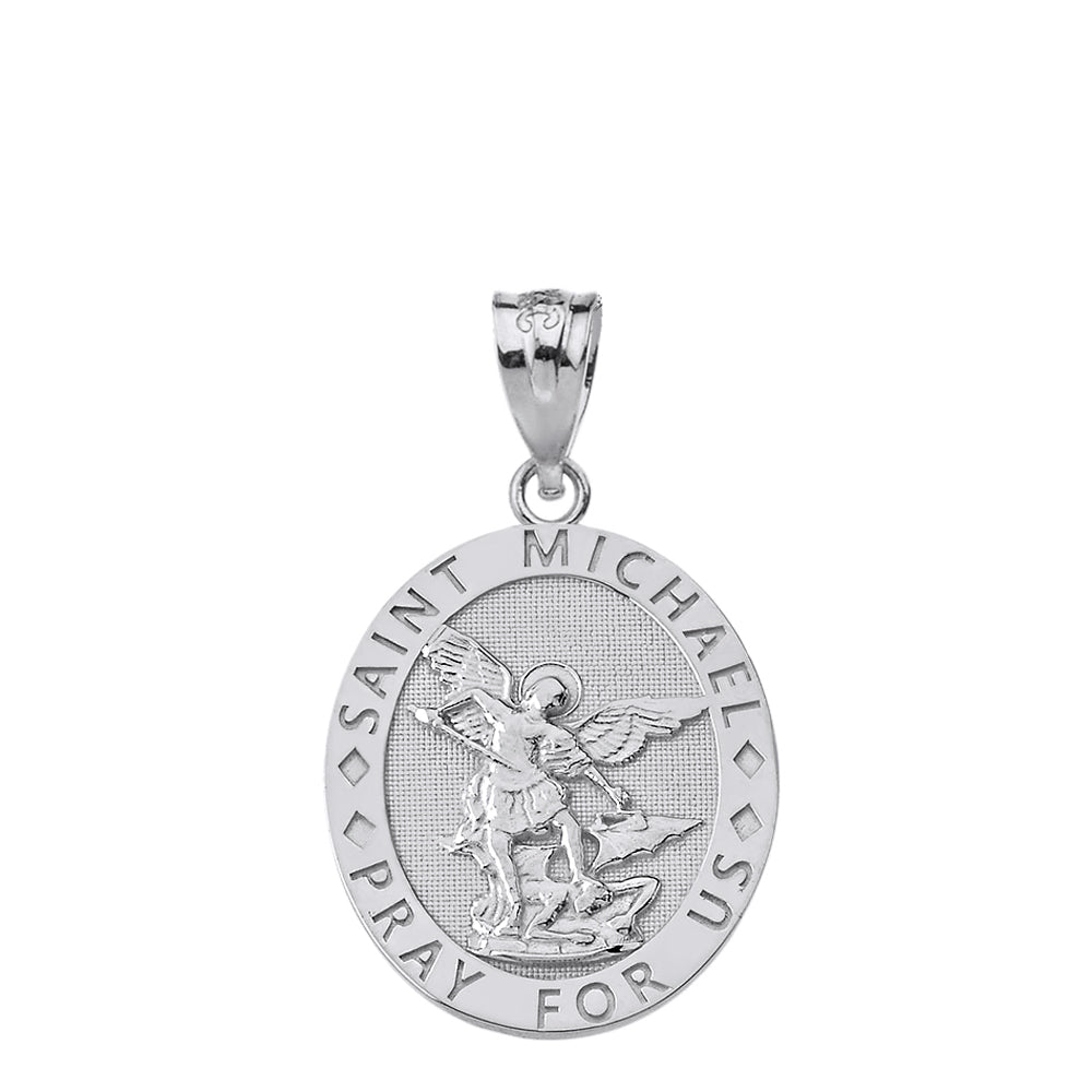 Sterling Silver Engravable Saint Michael Pray For Us Oval Pendant Necklace, view 2