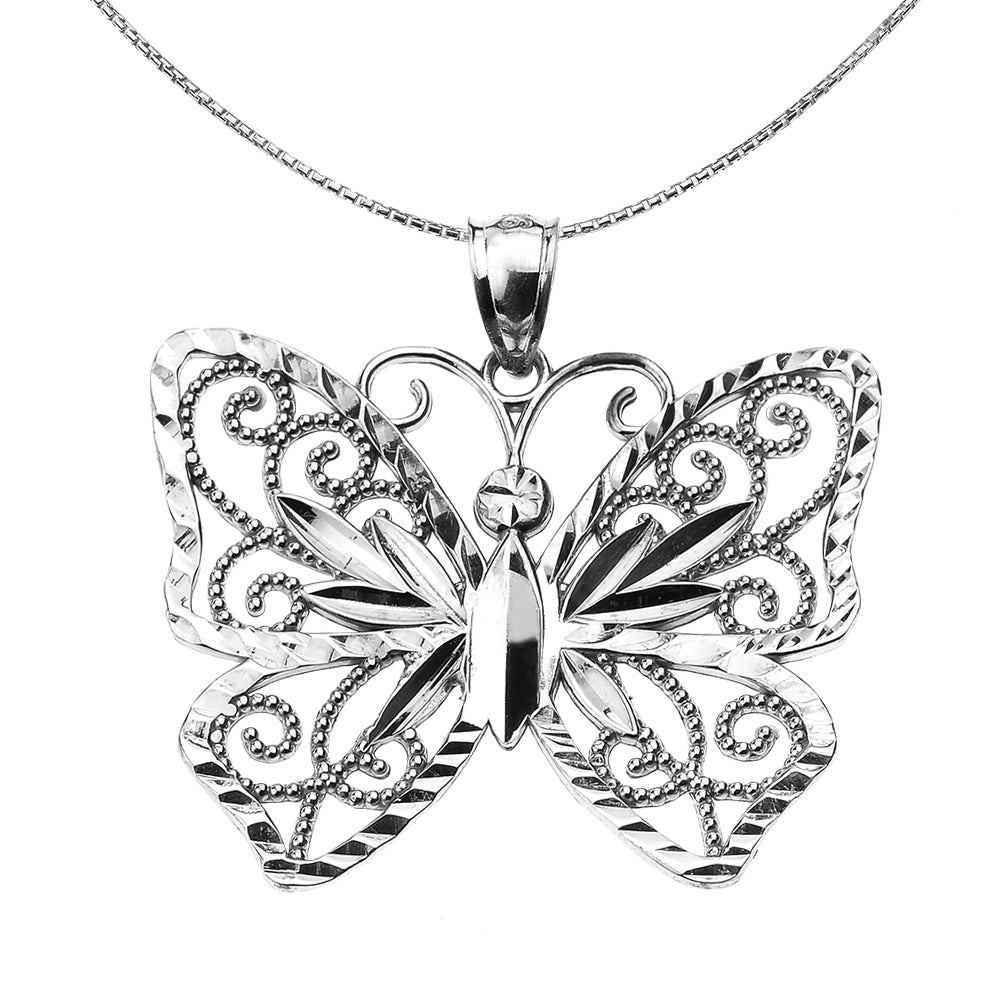 Sterling Silver Filigree Butterfly Pendant Necklace — Width: 0.01
