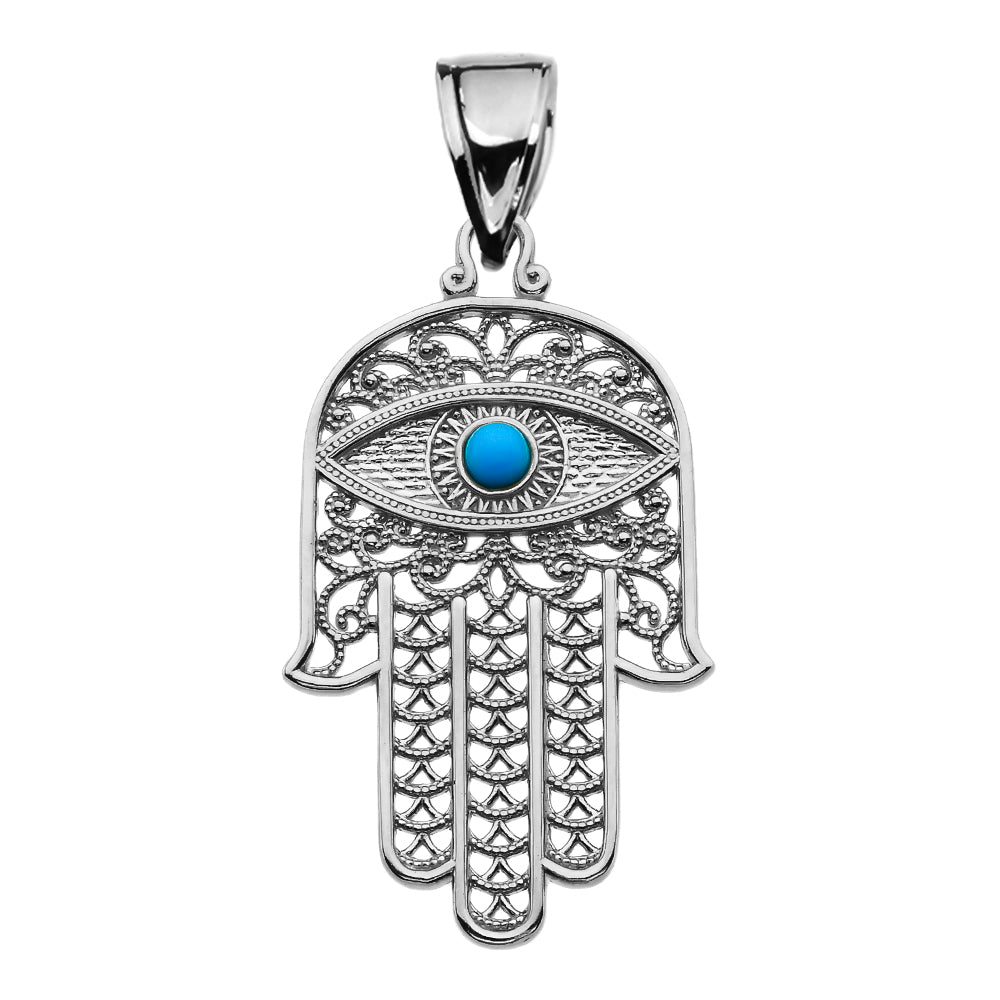 Sterling Silver Filigree Hamsa Hand Turquoise Gemstone Evil Eye Beaded Pendant Necklace