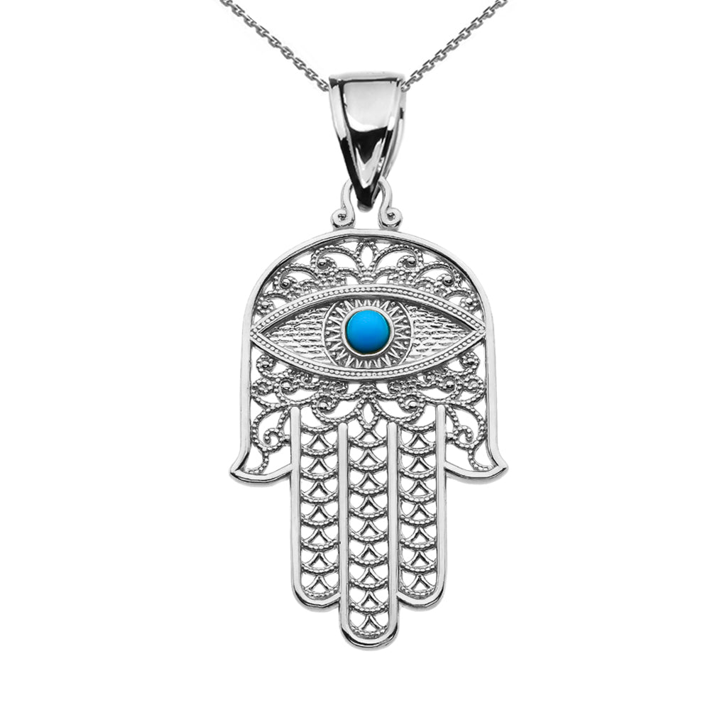 Sterling Silver Filigree Hamsa Hand Turquoise Gemstone Evil Eye Beaded Pendant Necklace, view 2