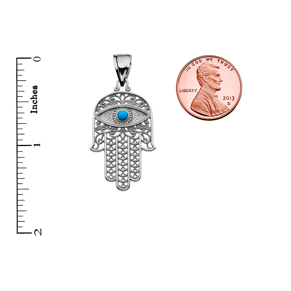 Sterling Silver Filigree Hamsa Hand Turquoise Gemstone Evil Eye Beaded Pendant Necklace, view 3
