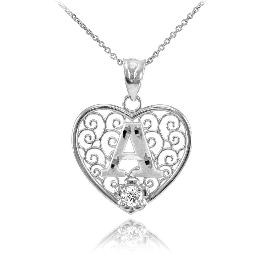 Sterling Silver Filigree Heart Diamond Cut Letter "A-Z" Initial CZ Flower Pendant Necklace
