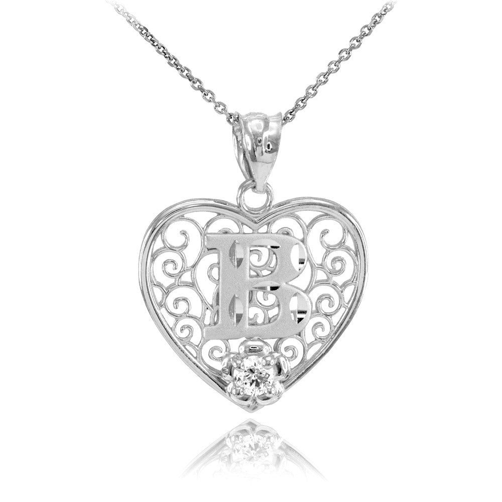 Sterling Silver Filigree Heart Diamond Cut Letter "A-Z" Initial CZ Flower Pendant Necklace, view 2