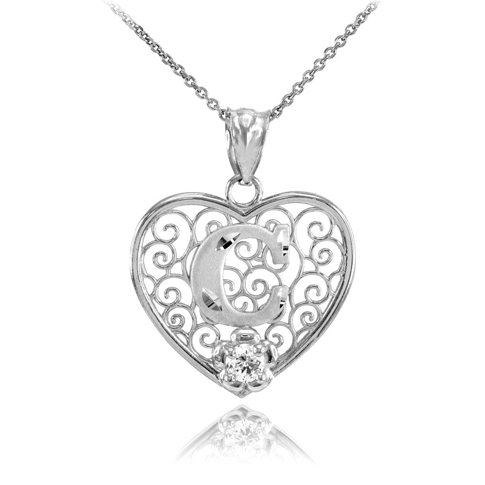 Sterling Silver Filigree Heart Diamond Cut Letter "A-Z" Initial CZ Flower Pendant Necklace, view 3