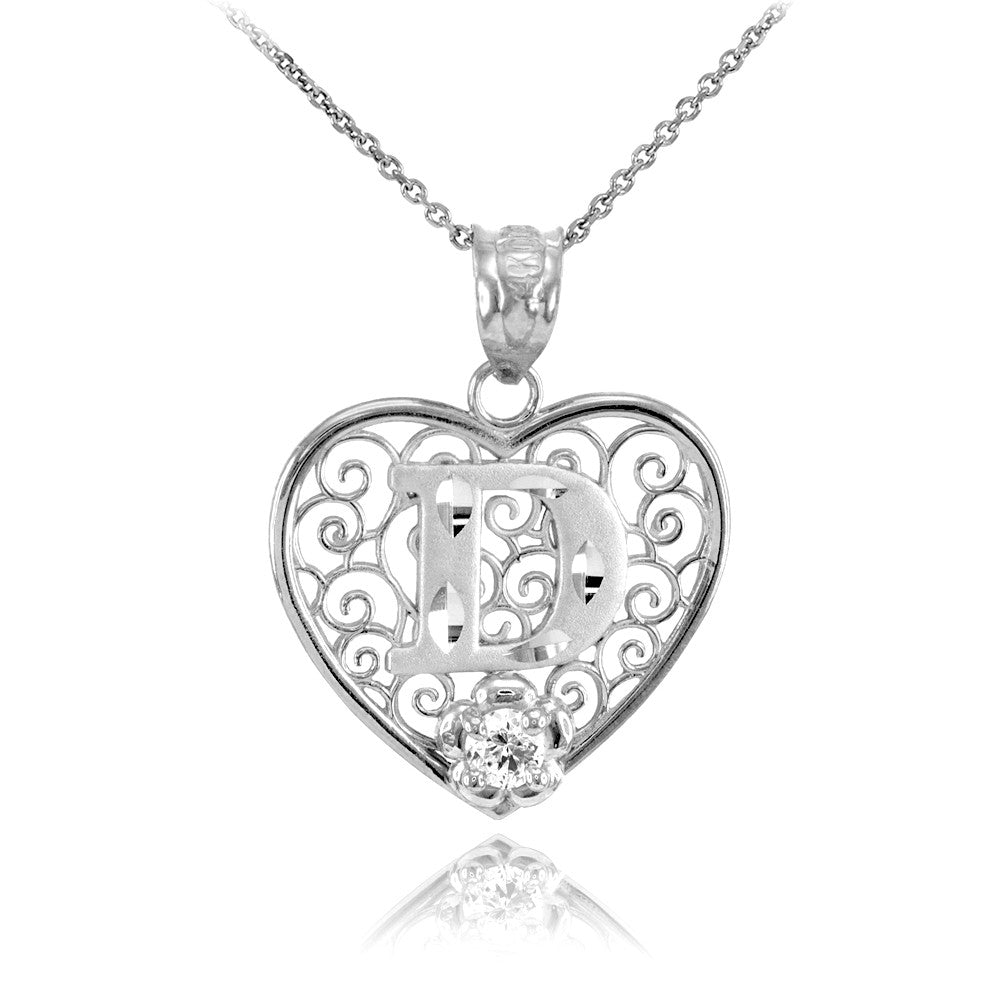 Sterling Silver Filigree Heart Diamond Cut Letter "A-Z" Initial CZ Flower Pendant Necklace, view 4