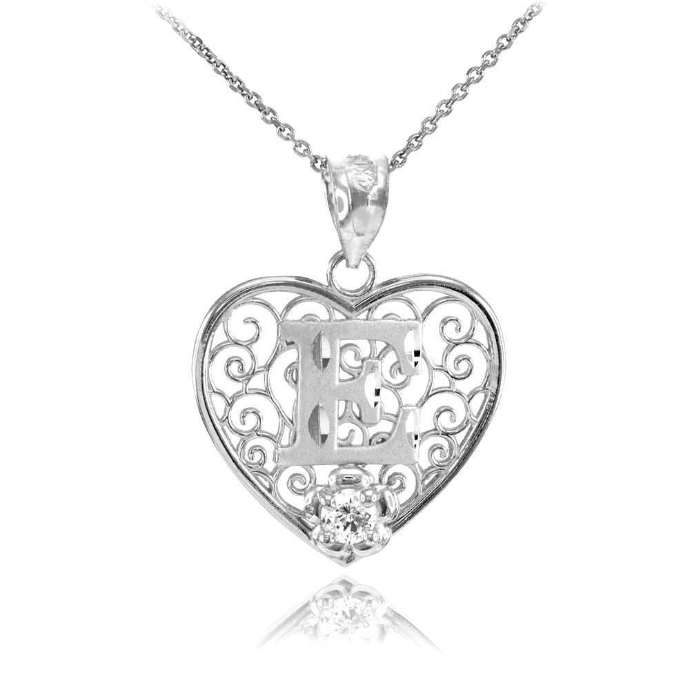 Sterling Silver Filigree Heart Diamond Cut Letter "A-Z" Initial CZ Flower Pendant Necklace, view 5