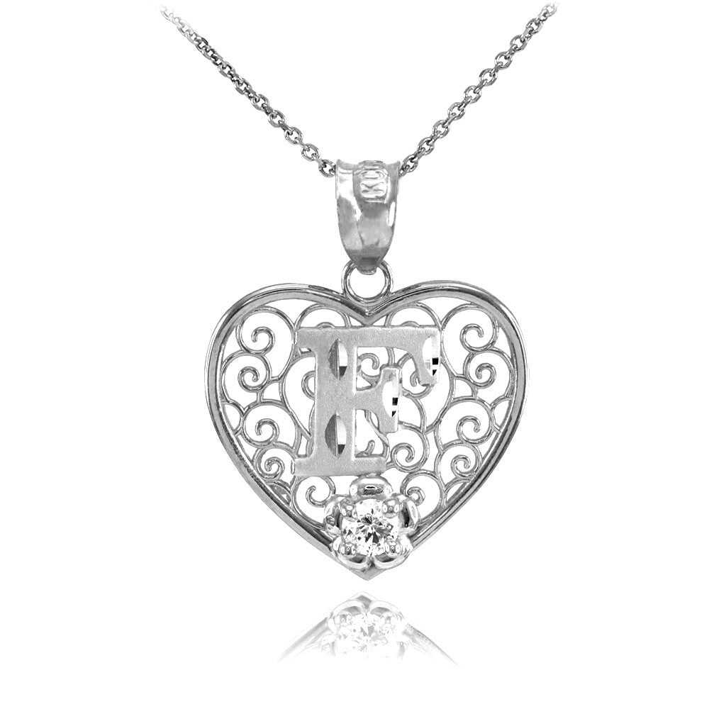 Sterling Silver Filigree Heart Diamond Cut Letter "A-Z" Initial CZ Flower Pendant Necklace, view 6