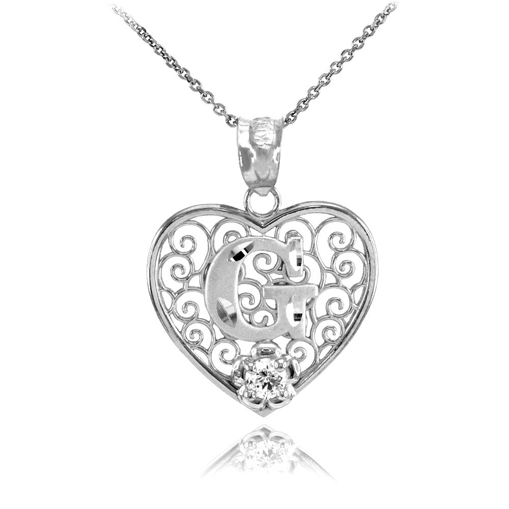 Sterling Silver Filigree Heart Diamond Cut Letter "A-Z" Initial CZ Flower Pendant Necklace, view 7