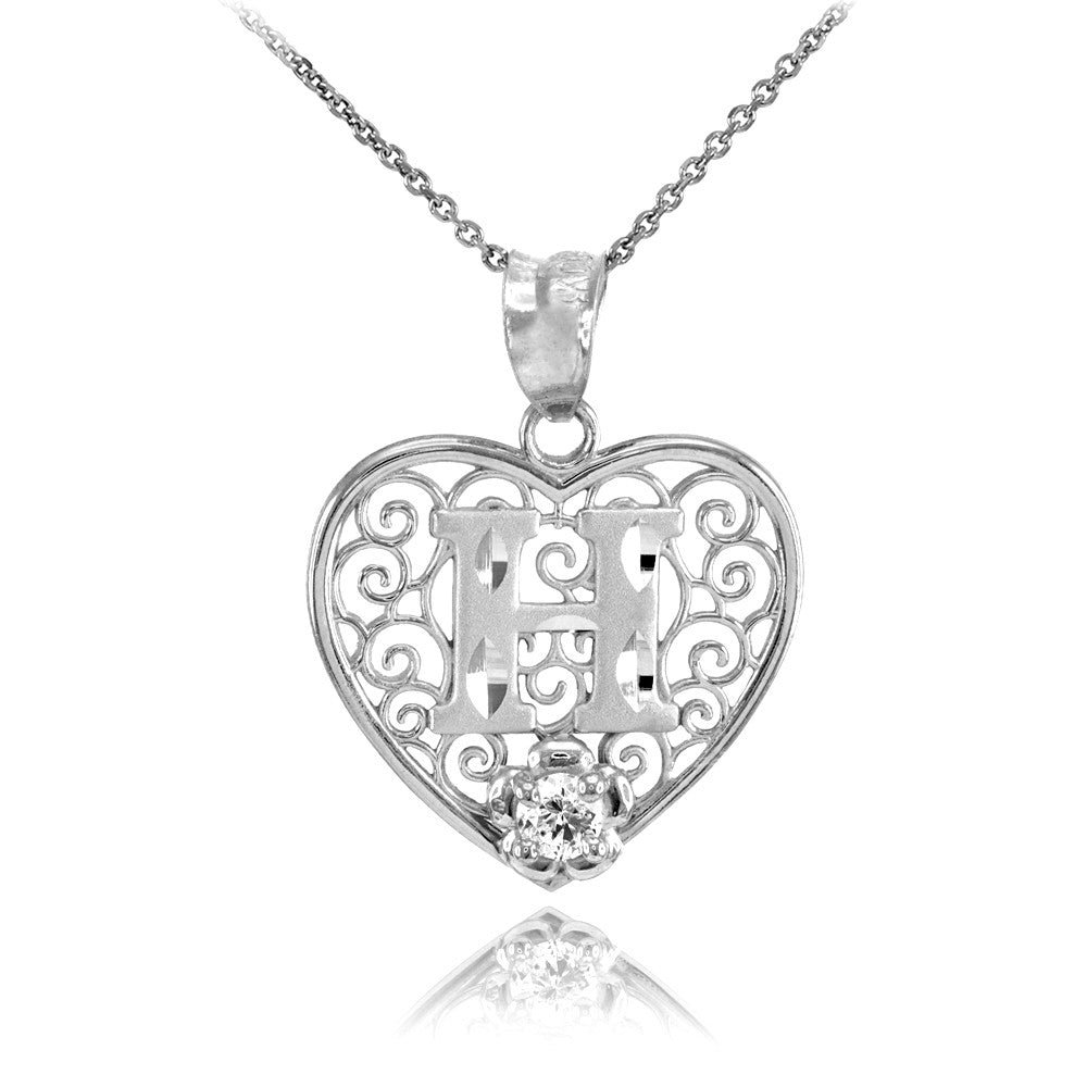 Sterling Silver Filigree Heart Diamond Cut Letter "A-Z" Initial CZ Flower Pendant Necklace, view 8