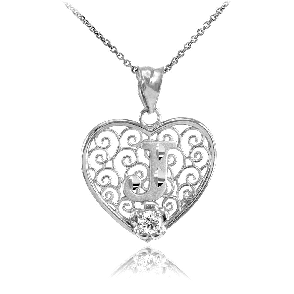 Sterling Silver Filigree Heart Diamond Cut Letter "A-Z" Initial CZ Flower Pendant Necklace, view 9