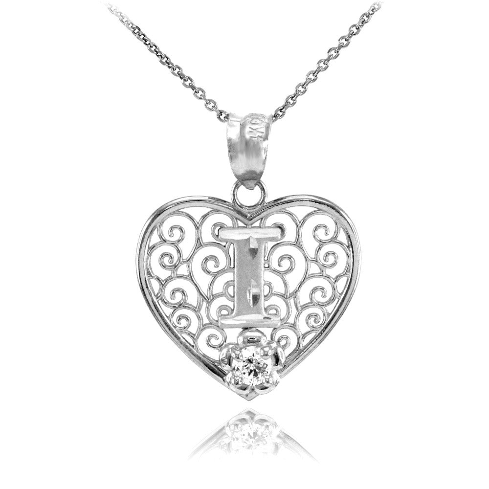 Sterling Silver Filigree Heart Diamond Cut Letter "A-Z" Initial CZ Flower Pendant Necklace, view 10