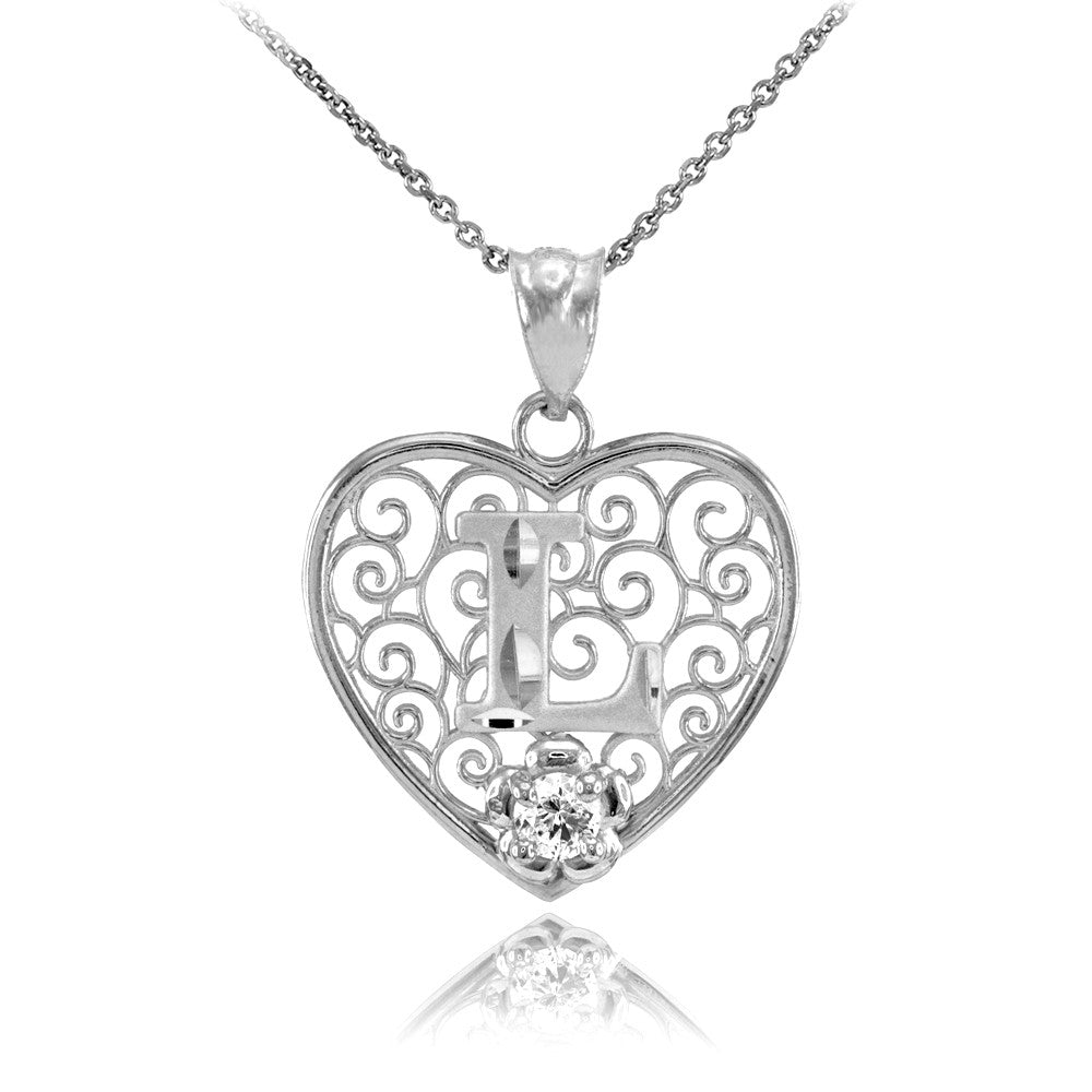 Sterling Silver Filigree Heart Diamond Cut Letter "A-Z" Initial CZ Flower Pendant Necklace, view 11
