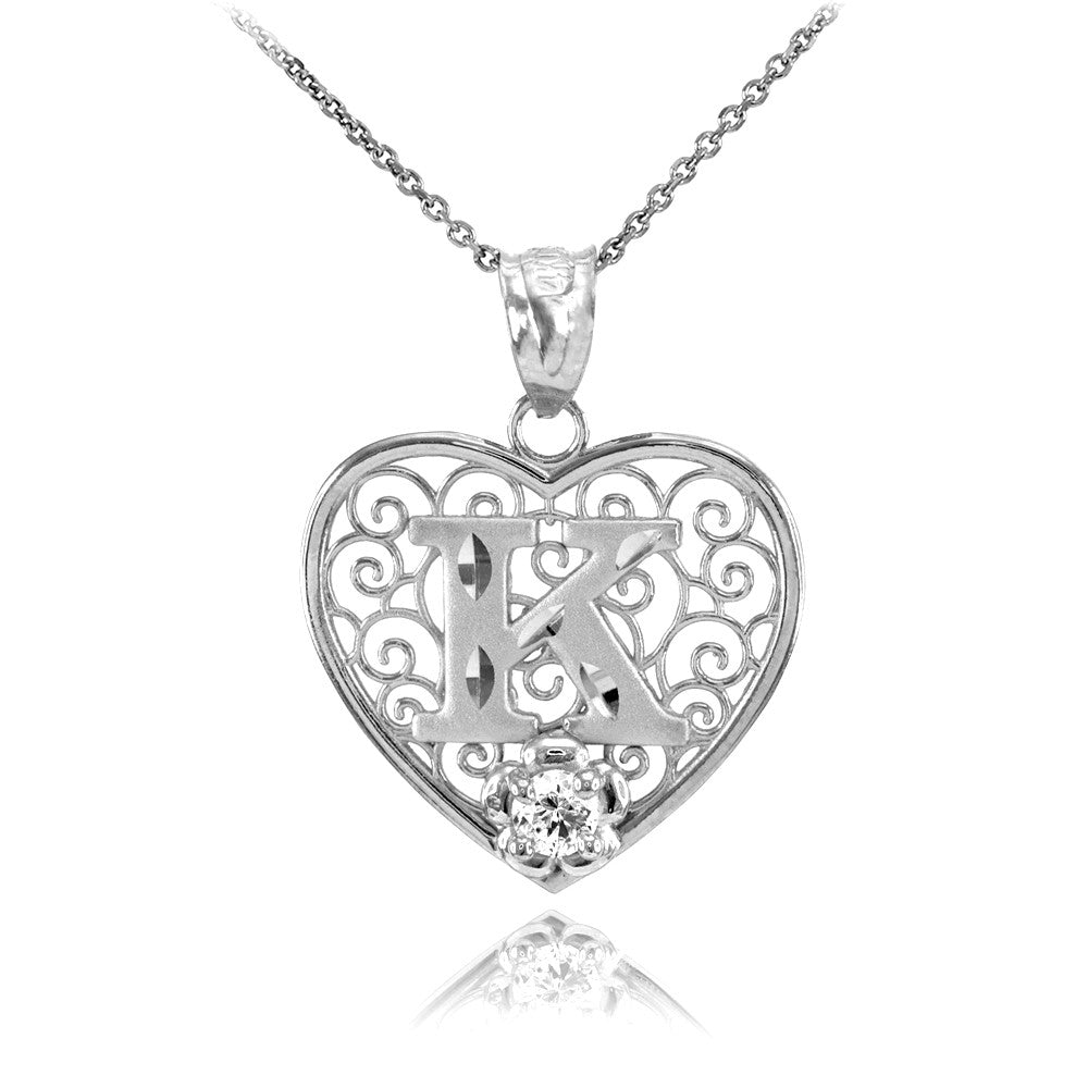 Sterling Silver Filigree Heart Diamond Cut Letter "A-Z" Initial CZ Flower Pendant Necklace, view 12