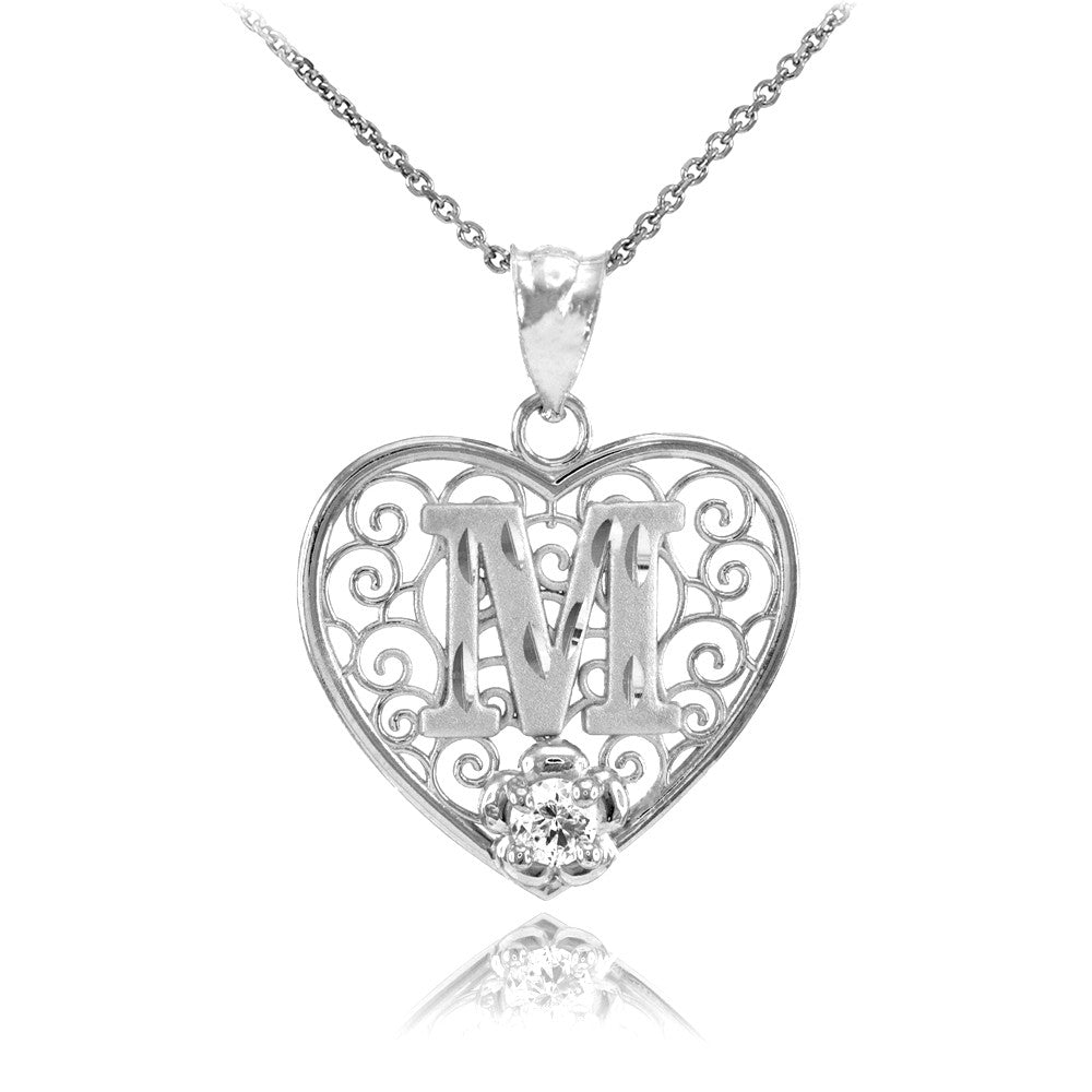 Sterling Silver Filigree Heart Diamond Cut Letter "A-Z" Initial CZ Flower Pendant Necklace, view 13