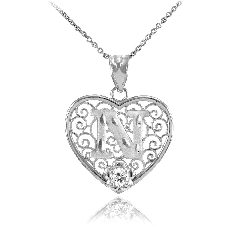 Sterling Silver Filigree Heart Diamond Cut Letter "A-Z" Initial CZ Flower Pendant Necklace, view 14