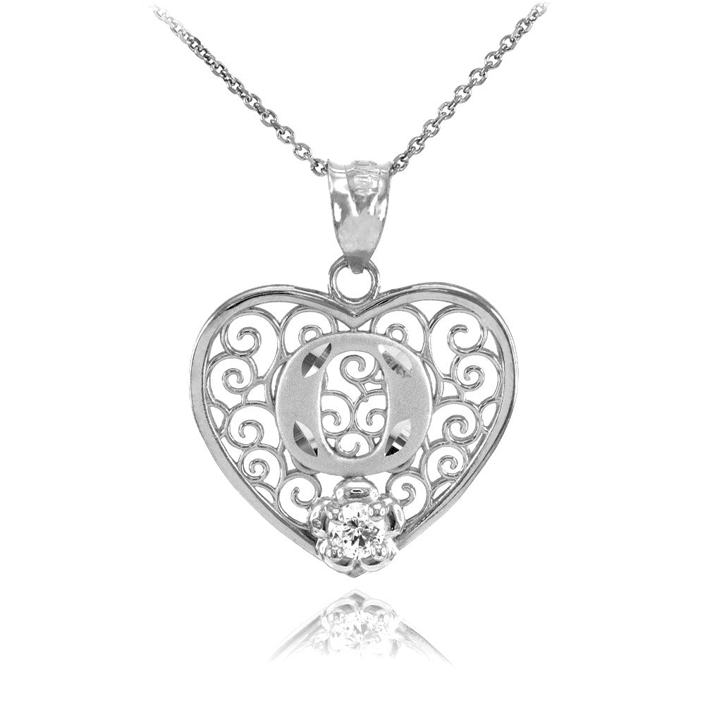 Sterling Silver Filigree Heart Diamond Cut Letter "A-Z" Initial CZ Flower Pendant Necklace, view 15