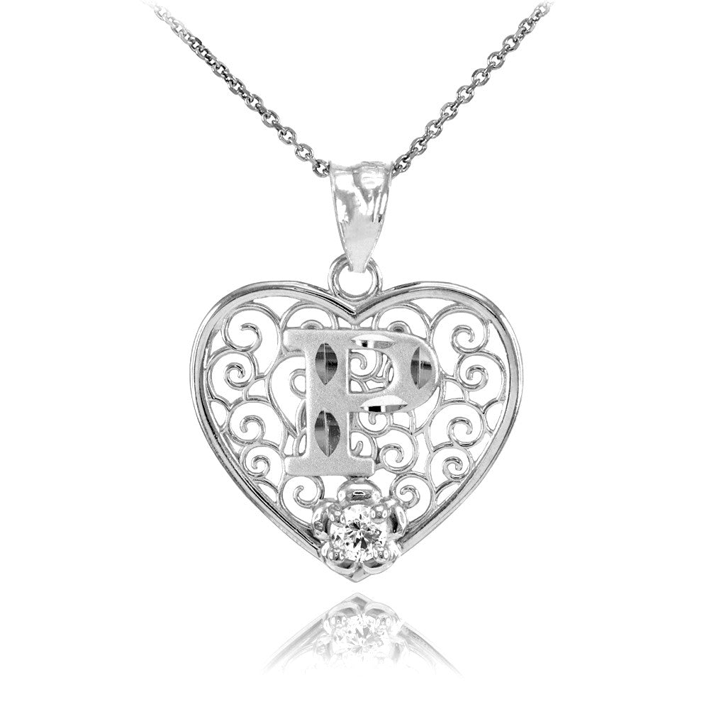 Sterling Silver Filigree Heart Diamond Cut Letter "A-Z" Initial CZ Flower Pendant Necklace, view 16