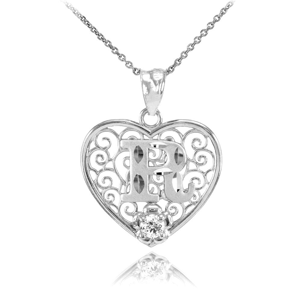 Sterling Silver Filigree Heart Diamond Cut Letter "A-Z" Initial CZ Flower Pendant Necklace, view 17