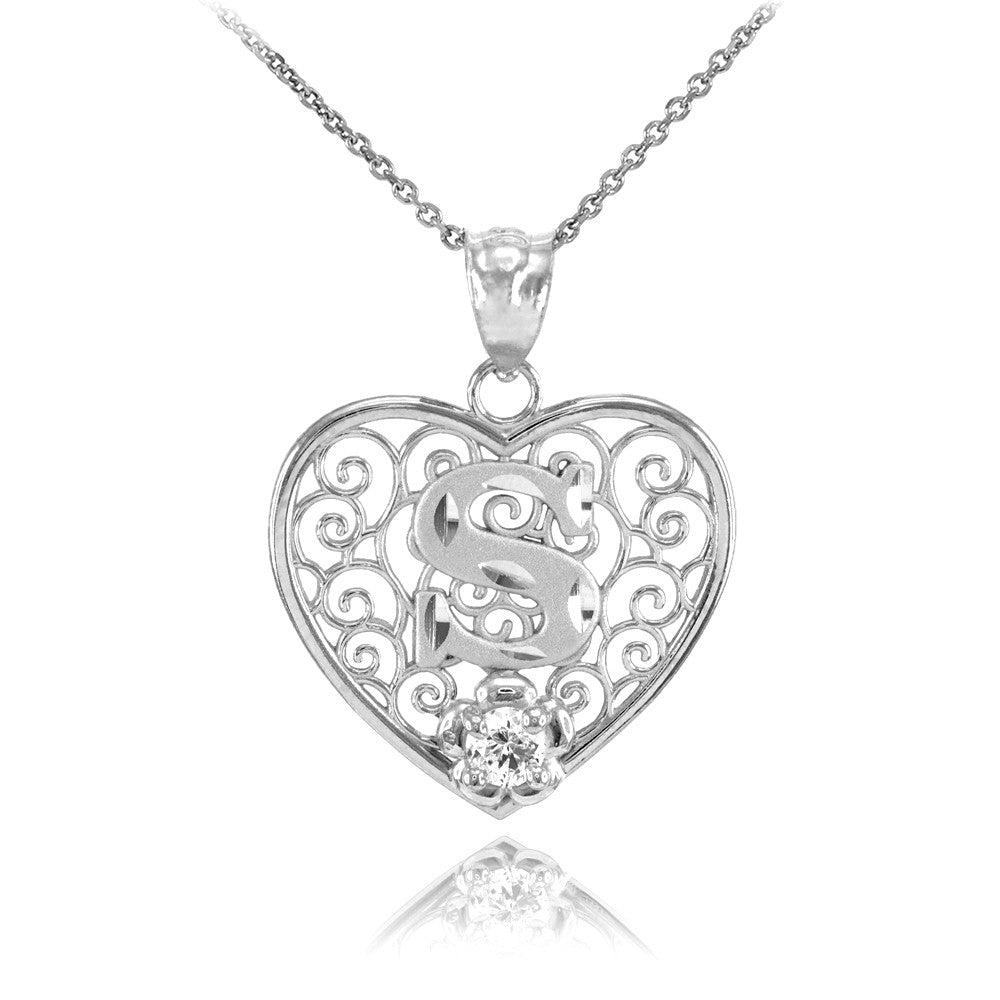 Sterling Silver Filigree Heart Diamond Cut Letter "A-Z" Initial CZ Flower Pendant Necklace, view 18