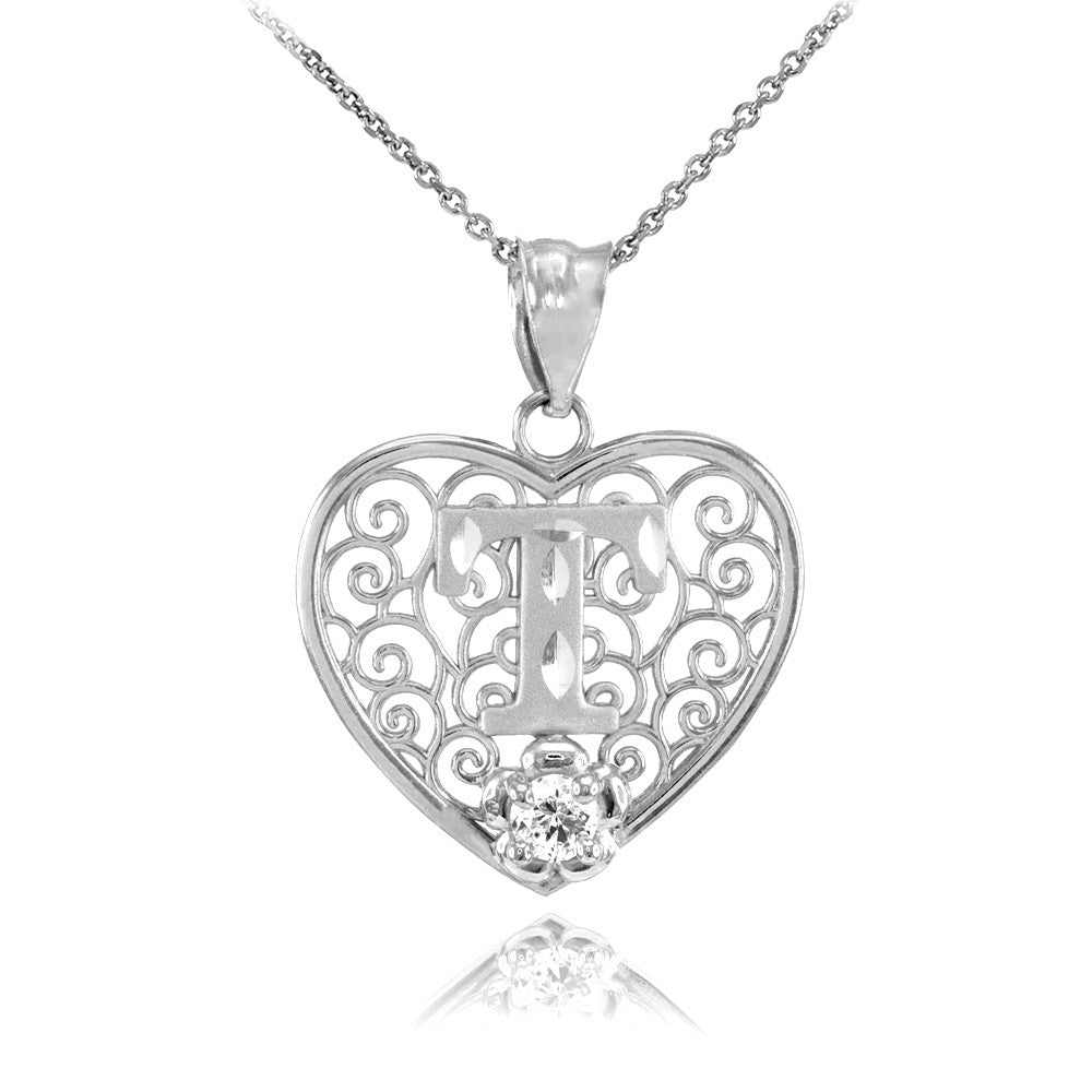 Sterling Silver Filigree Heart Diamond Cut Letter "A-Z" Initial CZ Flower Pendant Necklace, view 19