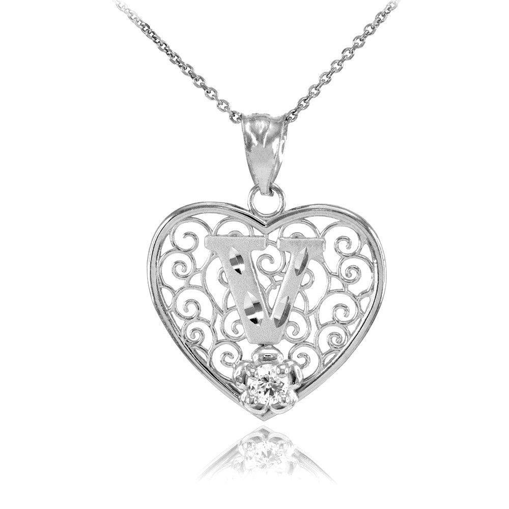 Sterling Silver Filigree Heart Diamond Cut Letter "A-Z" Initial CZ Flower Pendant Necklace, view 20