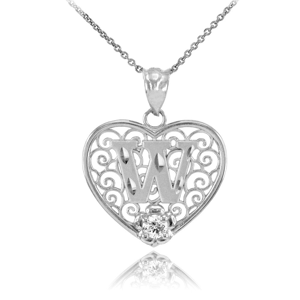 Sterling Silver Filigree Heart Diamond Cut Letter "A-Z" Initial CZ Flower Pendant Necklace, view 21