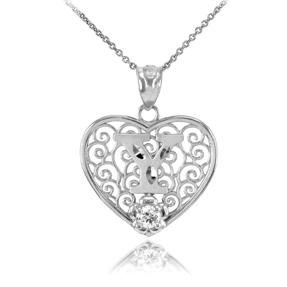 Sterling Silver Filigree Heart Diamond Cut Letter "A-Z" Initial CZ Flower Pendant Necklace, view 22