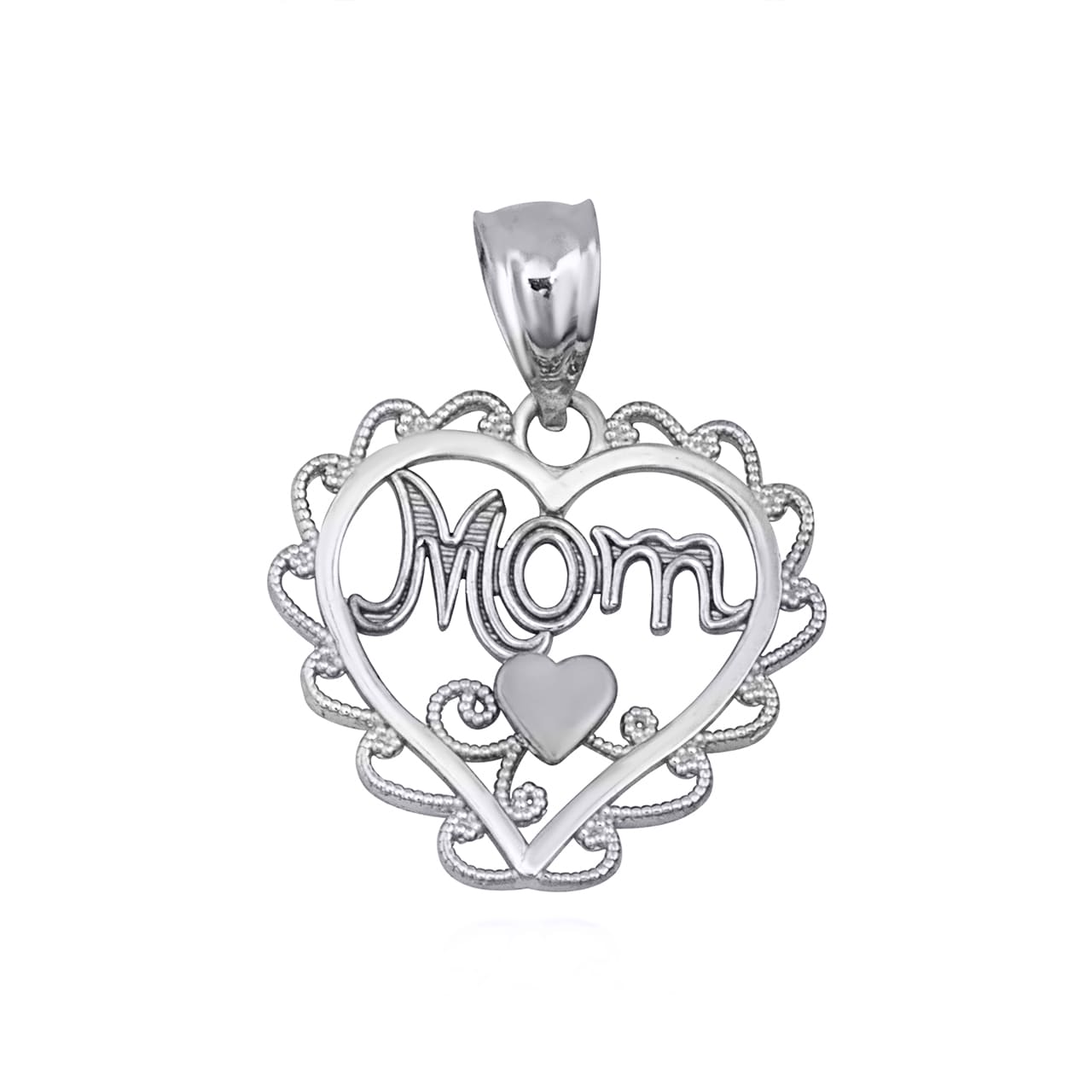 Sterling Silver Filigree Mom Heart Milgrain Pendant Necklace
