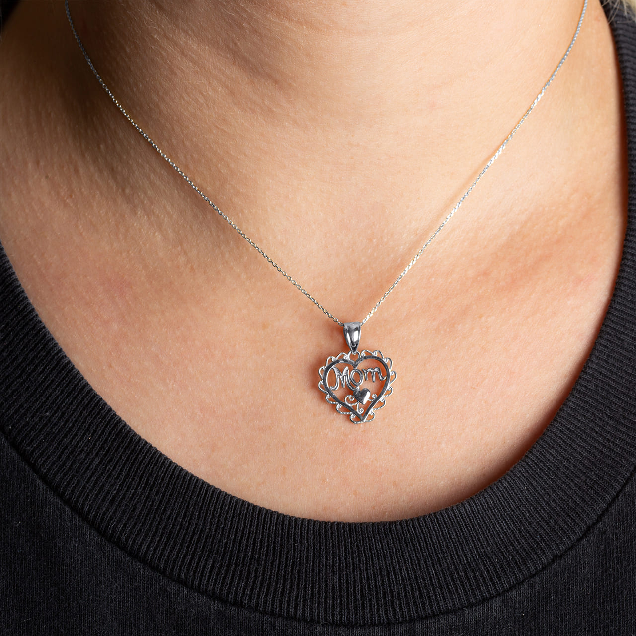 Sterling Silver Filigree Mom Heart Milgrain Pendant Necklace, view 2